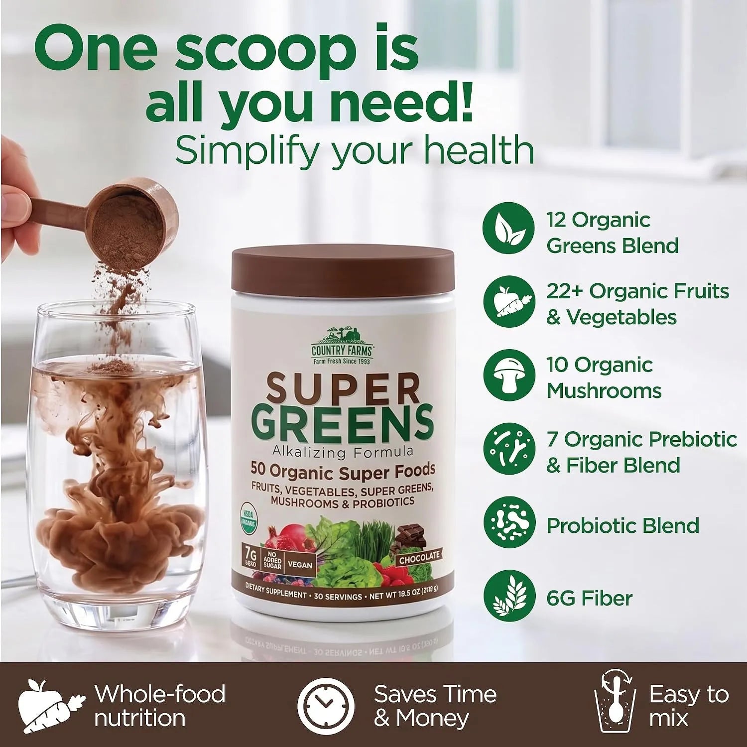 Country Farms, Super Greens, Fórmula alcalinizante, Chocolate`` 300 g (10,6 oz)
