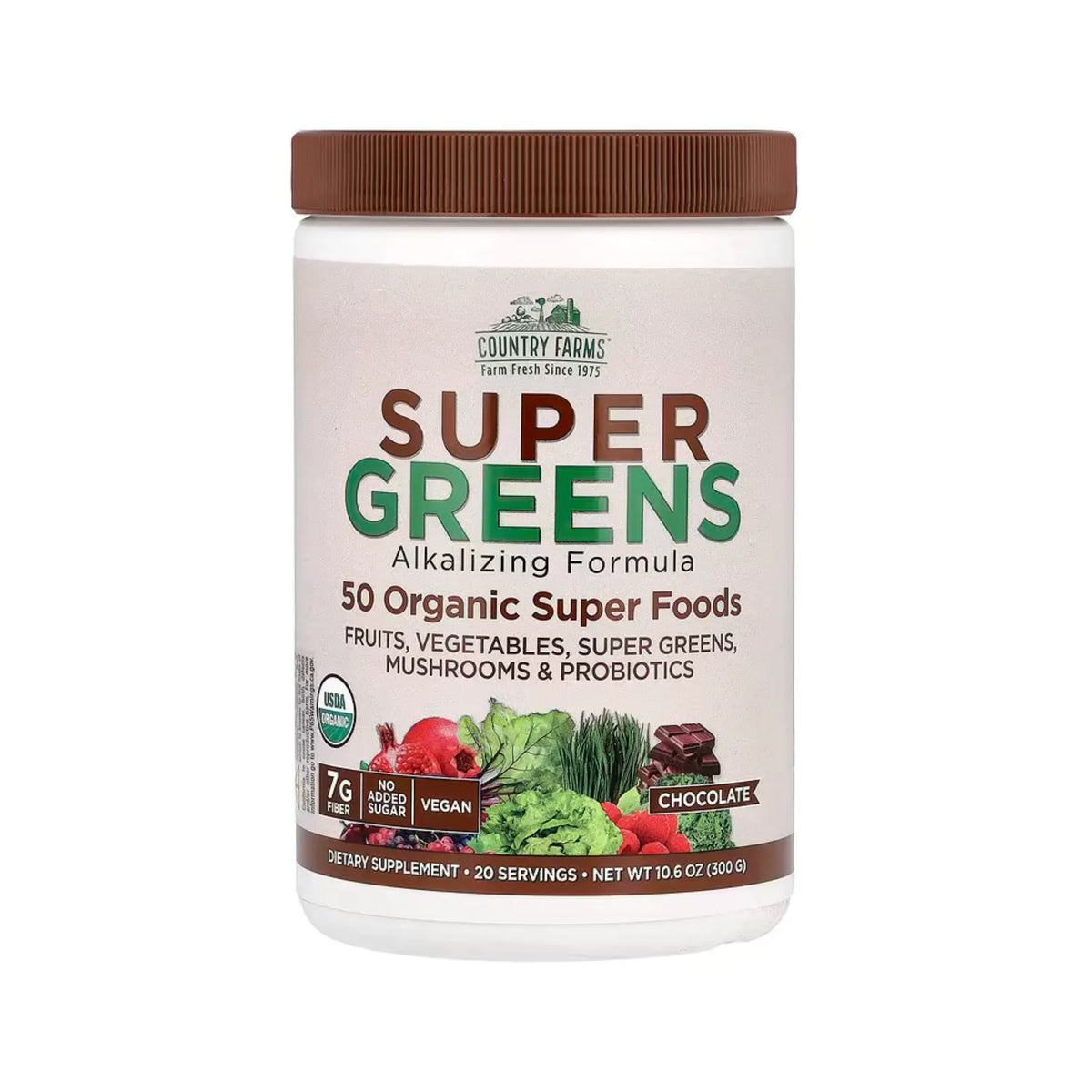 Country Farms, Super Greens, Fórmula alcalinizante, Chocolate`` 300 g (10,6 oz)