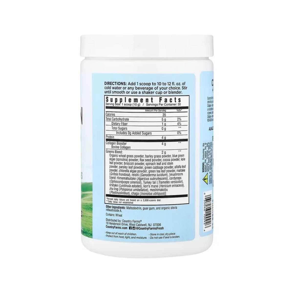 Country Farms, Colágeno y verduras de hoja verde, Sin sabor, 300 g (10,6 oz)