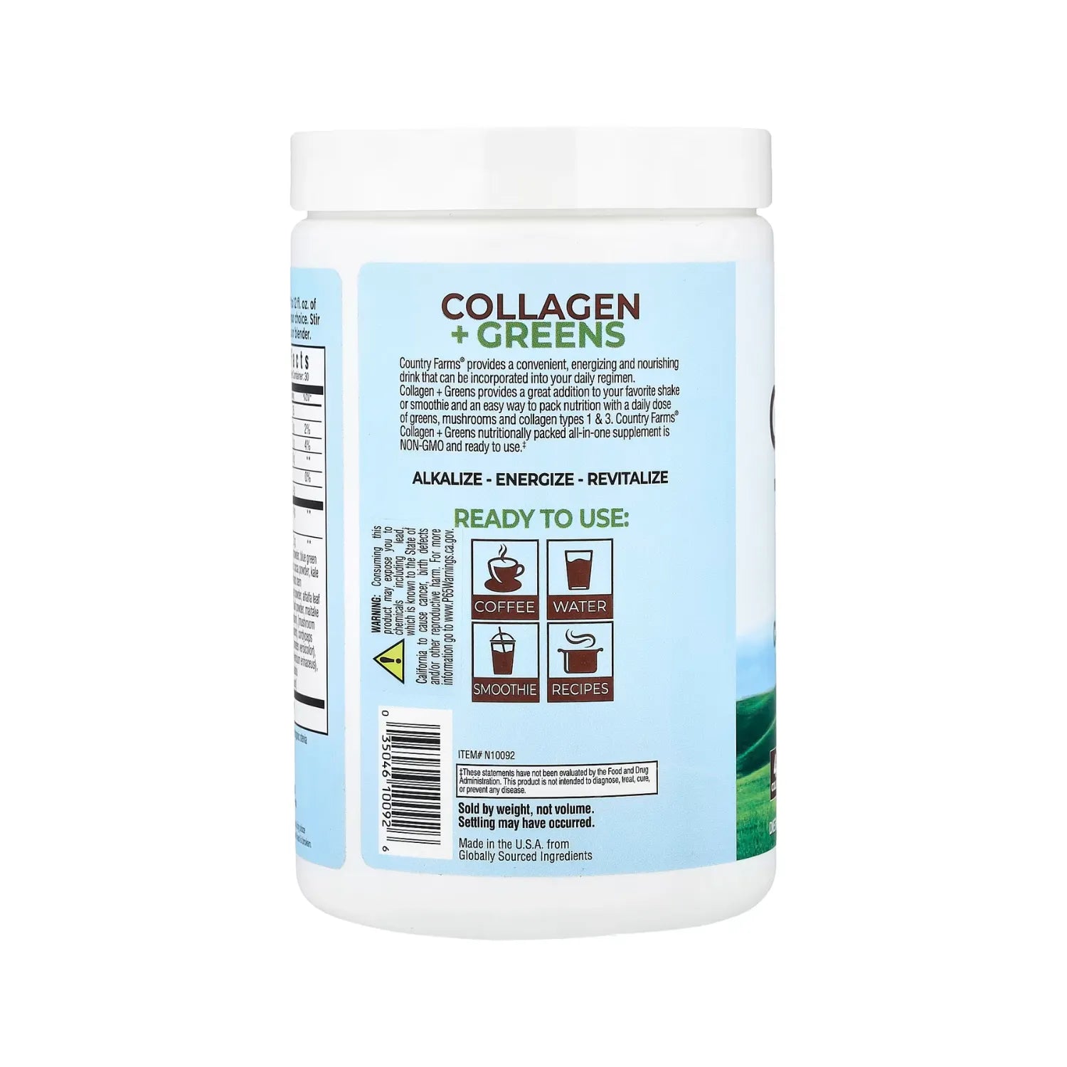 Country Farms, Colágeno y verduras de hoja verde, Sin sabor, 300 g (10,6 oz)