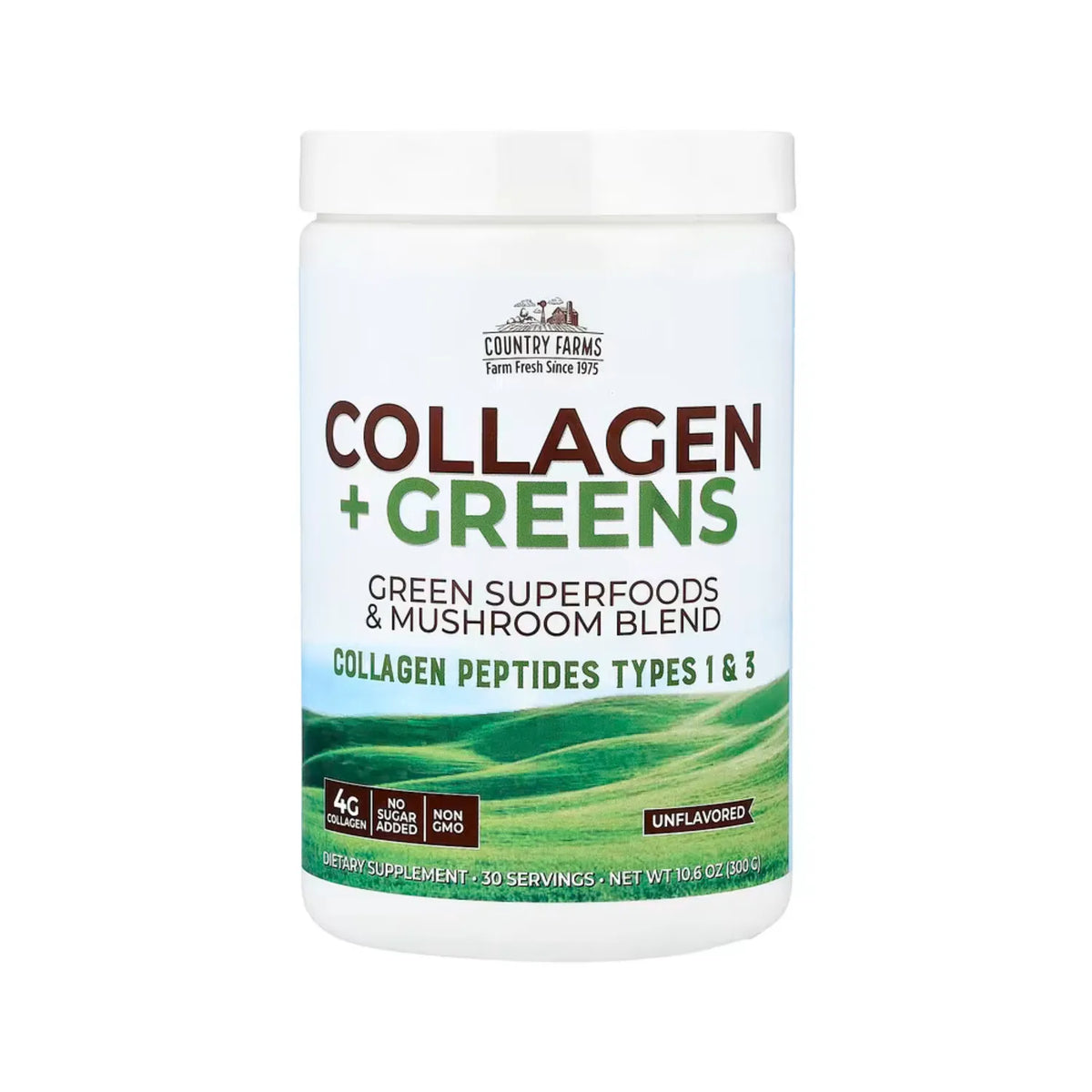 Country Farms, Colágeno y verduras de hoja verde, Sin sabor, 300 g (10,6 oz)