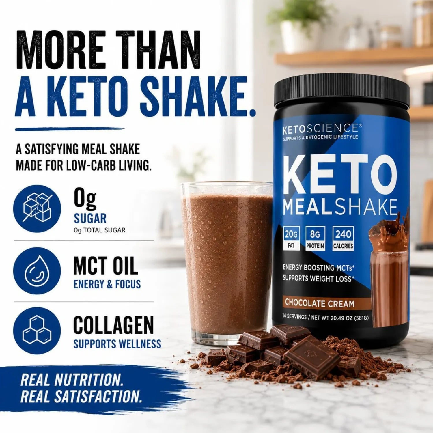 Keto Science, Batido Cetogénico Para Comidas Sabor Crema de chocolate 581 g (20,49 oz)