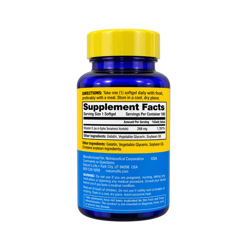 Nature's Life Vitamina E 268 mg 100 Cápsulas Blandas | Antioxidante y apoyo cardiovascular y de la piel | Con d-Alfa Tocoferol Natural y Tocoferoles Mixtos | Suplemento alimenticio