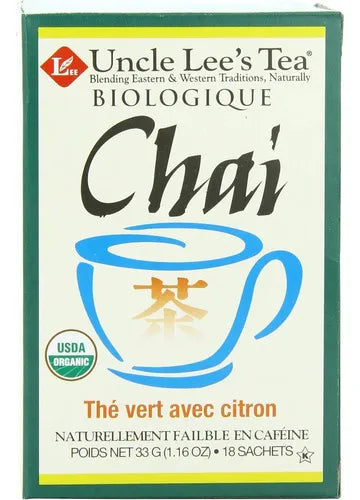 Uncle Lee's Tea | Organic Chai Green Tea with Lemongrass | 18 Bolsitas | Té Verde Orgánico | Infusión Herbal