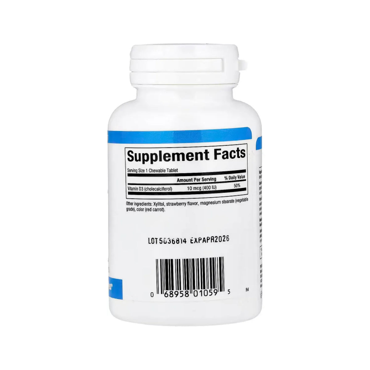 Natural Factors Vitamina D3 Para niños Sabor Fresa 10 mcg (400 UI) Con 100 Comprimidos Masticables
