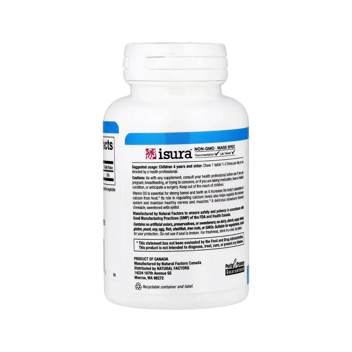 Natural Factors Vitamina D3 Para niños Sabor Fresa 10 mcg (400 UI) Con 100 Comprimidos Masticables