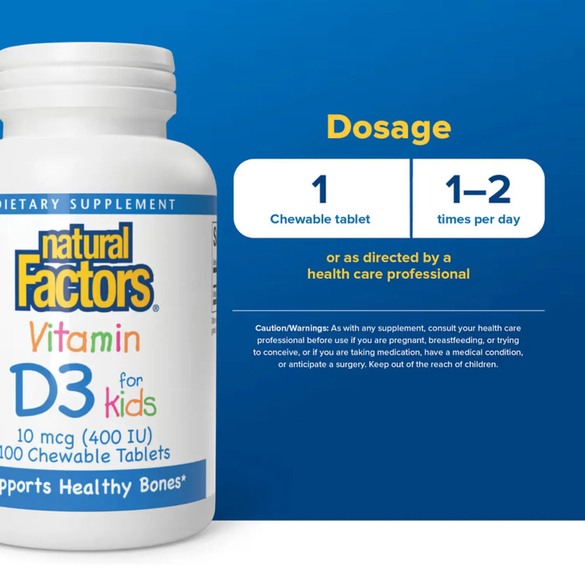 Natural Factors Vitamina D3 Para niños Sabor Fresa 10 mcg (400 UI) Con 100 Comprimidos Masticables