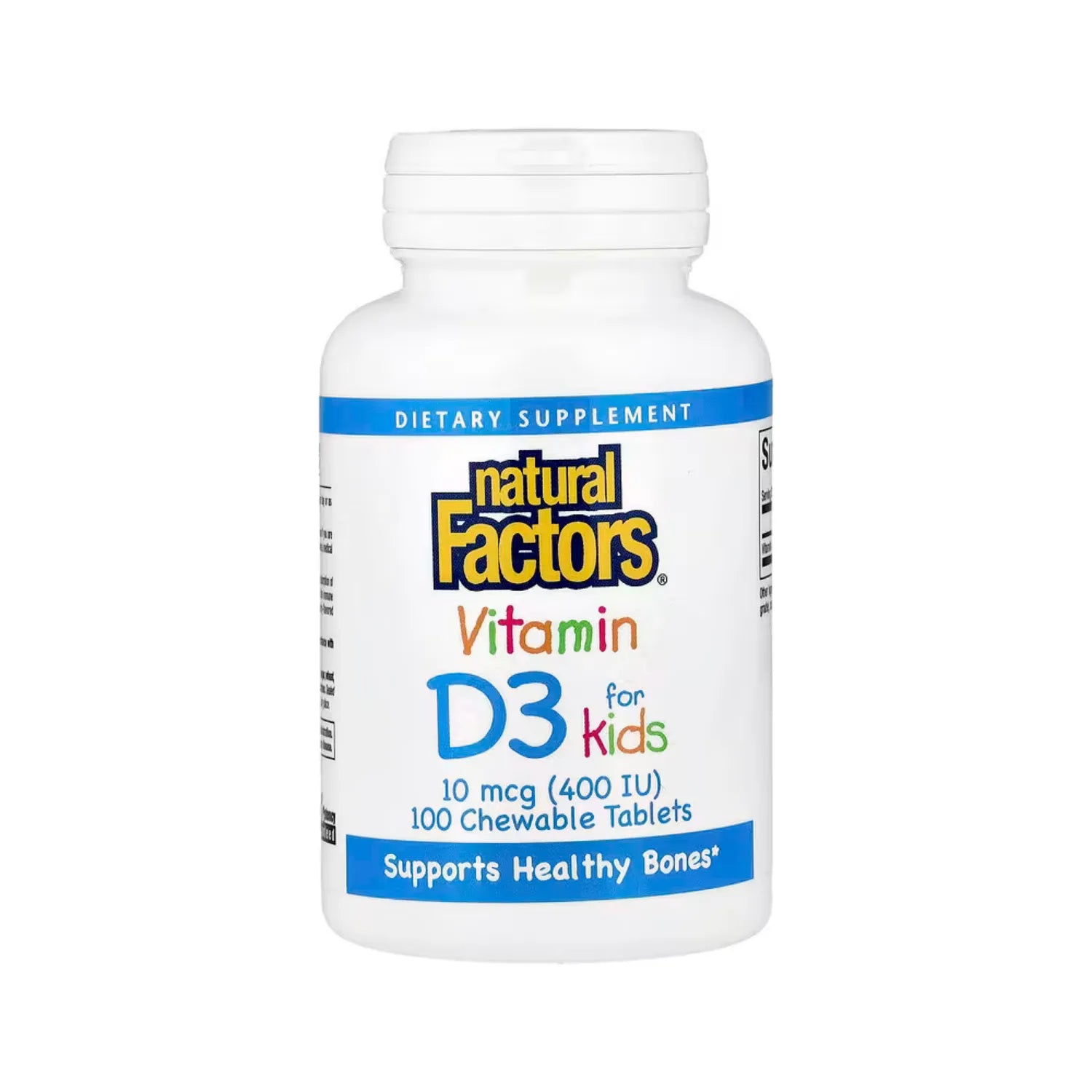 Natural Factors Vitamina D3 Para niños Sabor Fresa 10 mcg (400 UI) Con 100 Comprimidos Masticables