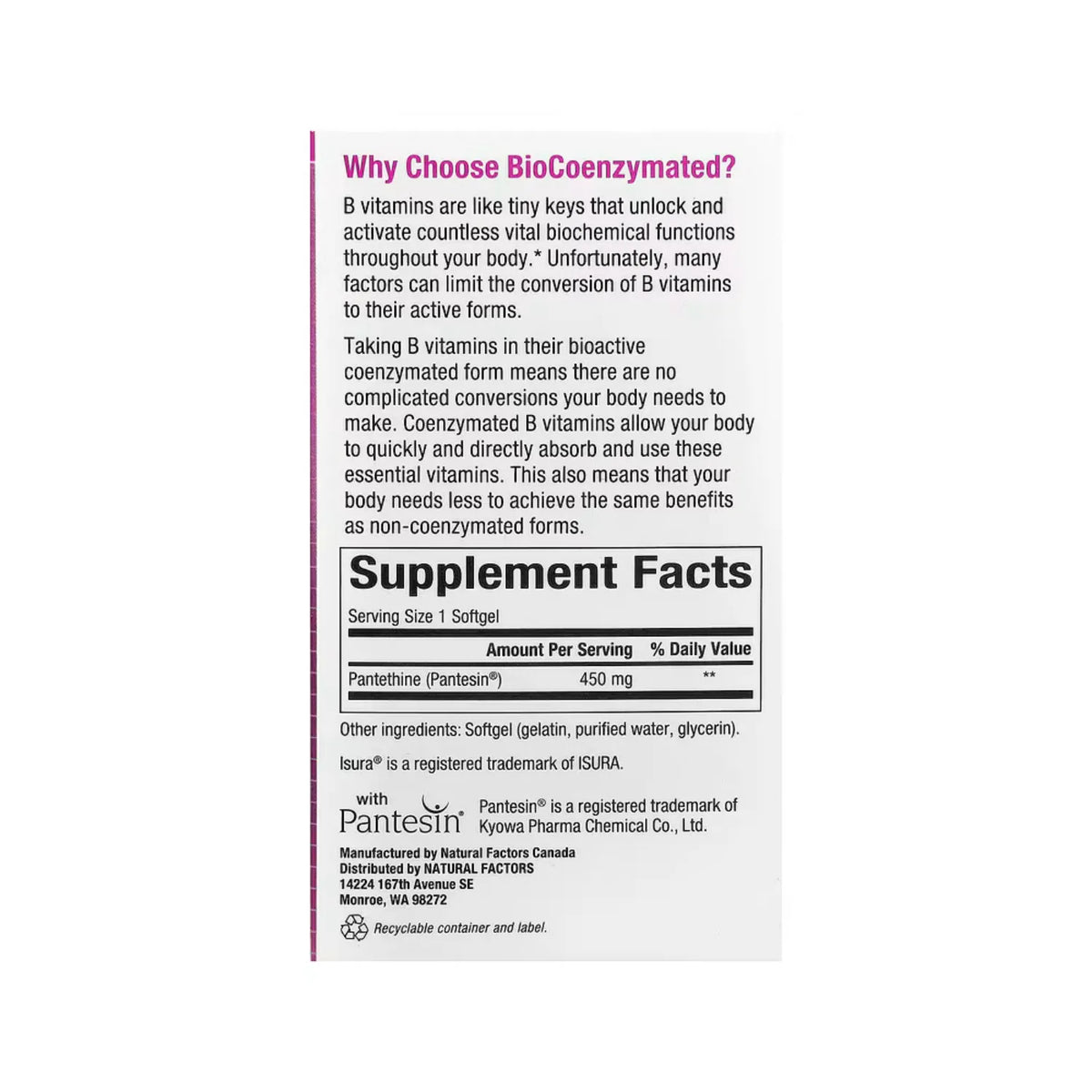 Natural Factors BioCoenzymated Vitamina B5 Pantetina 450 mg 60 Cápsulas Blandas