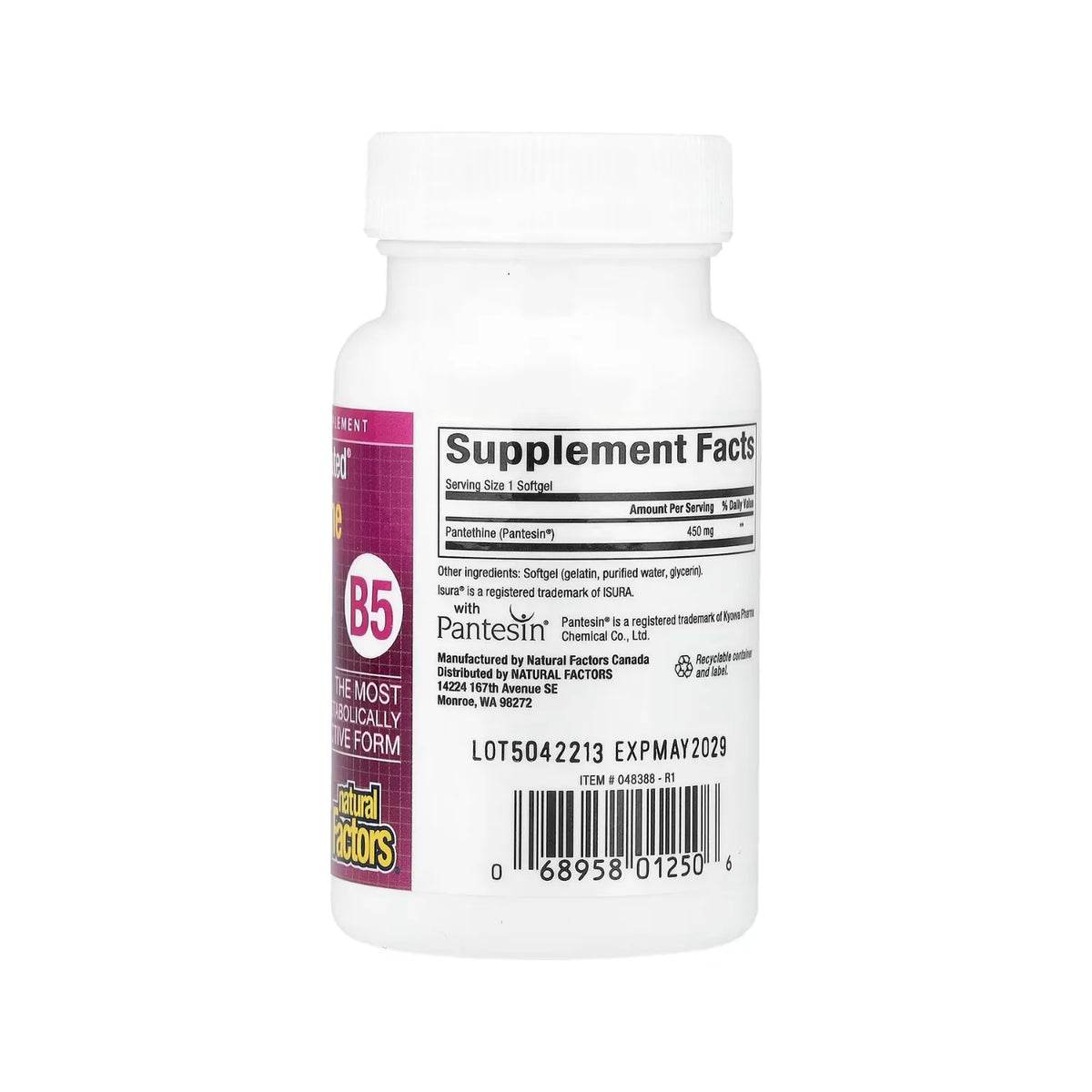 Natural Factors BioCoenzymated Vitamina B5 Pantetina 450 mg 60 Cápsulas Blandas
