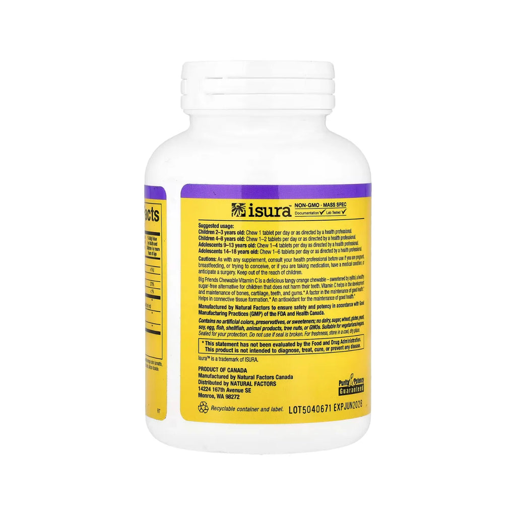 Natural Factors BigFriends Vitamina C Masticable Sabor a Naranja Ácida 250 mg 90 Tabletas Masticables