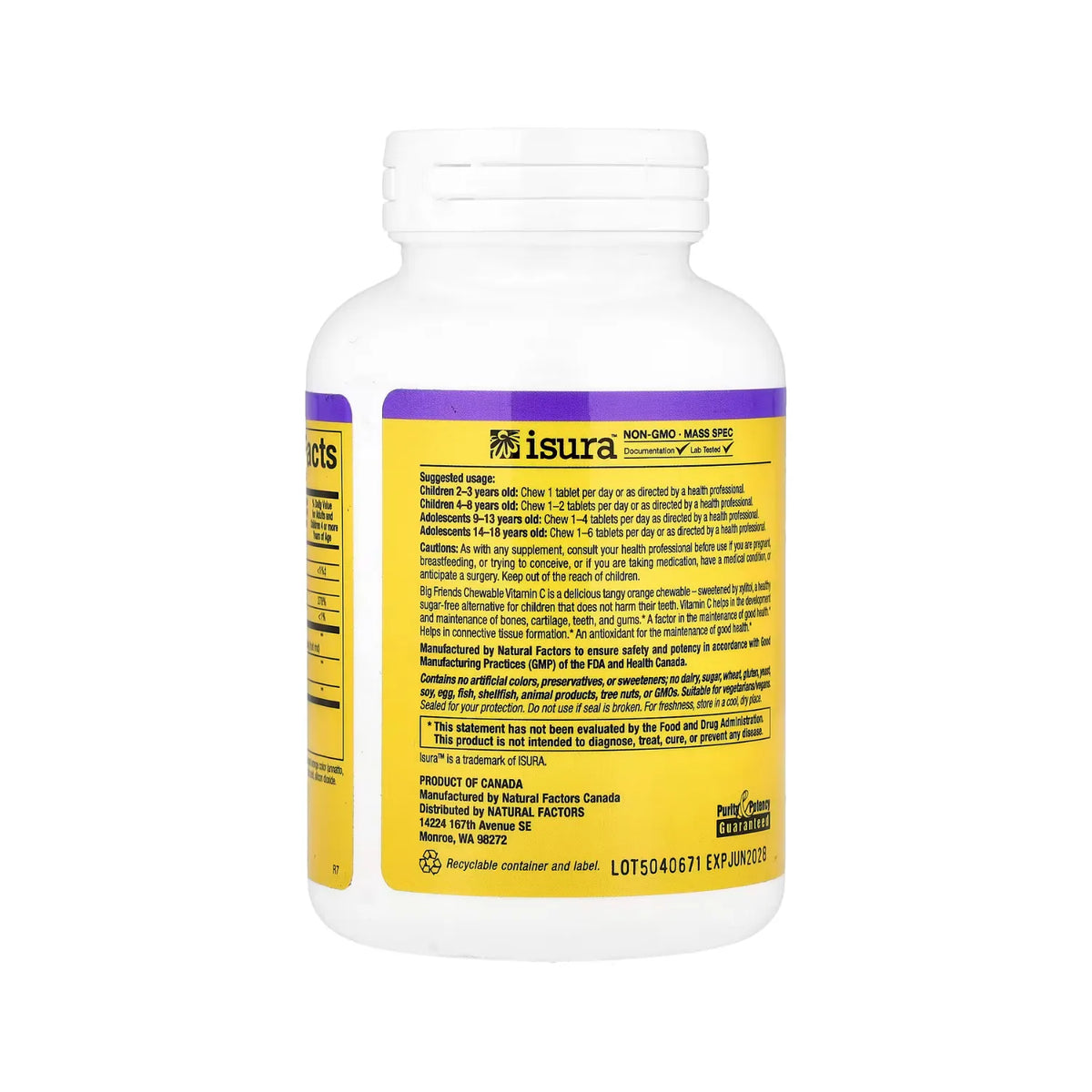 Natural Factors BigFriends Vitamina C Masticable Sabor a Naranja Ácida 250 mg 90 Tabletas Masticables