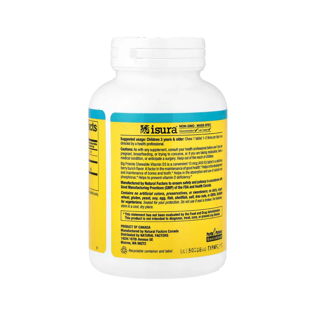 Natural Factors BigFriends Vitamina D3 Masticable Sabor Racimo de Bayas 10 mcg (400 UI) Con 250 Tabletas Masticables