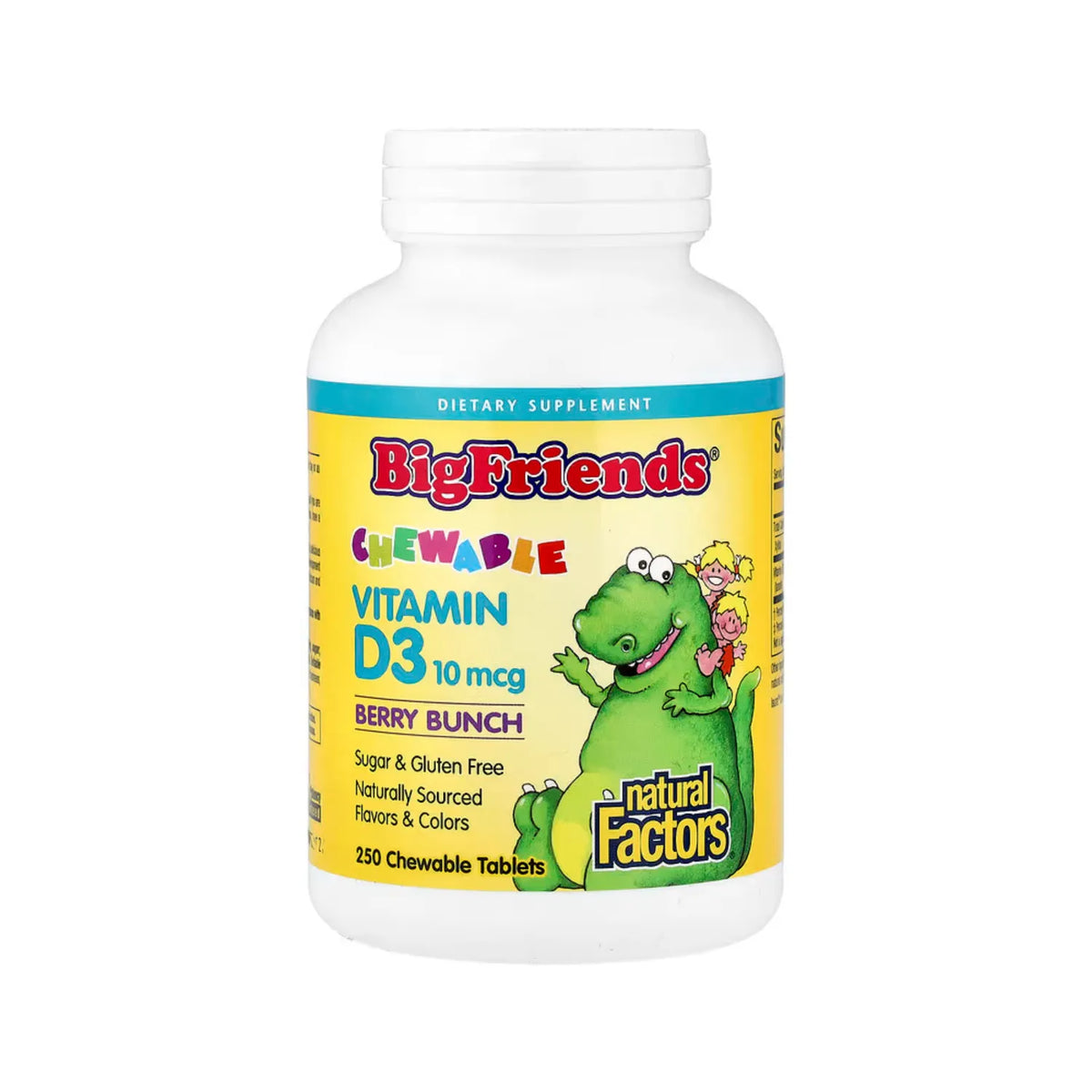 Natural Factors BigFriends Vitamina D3 Masticable Sabor Racimo de Bayas 10 mcg (400 UI) Con 250 Tabletas Masticables