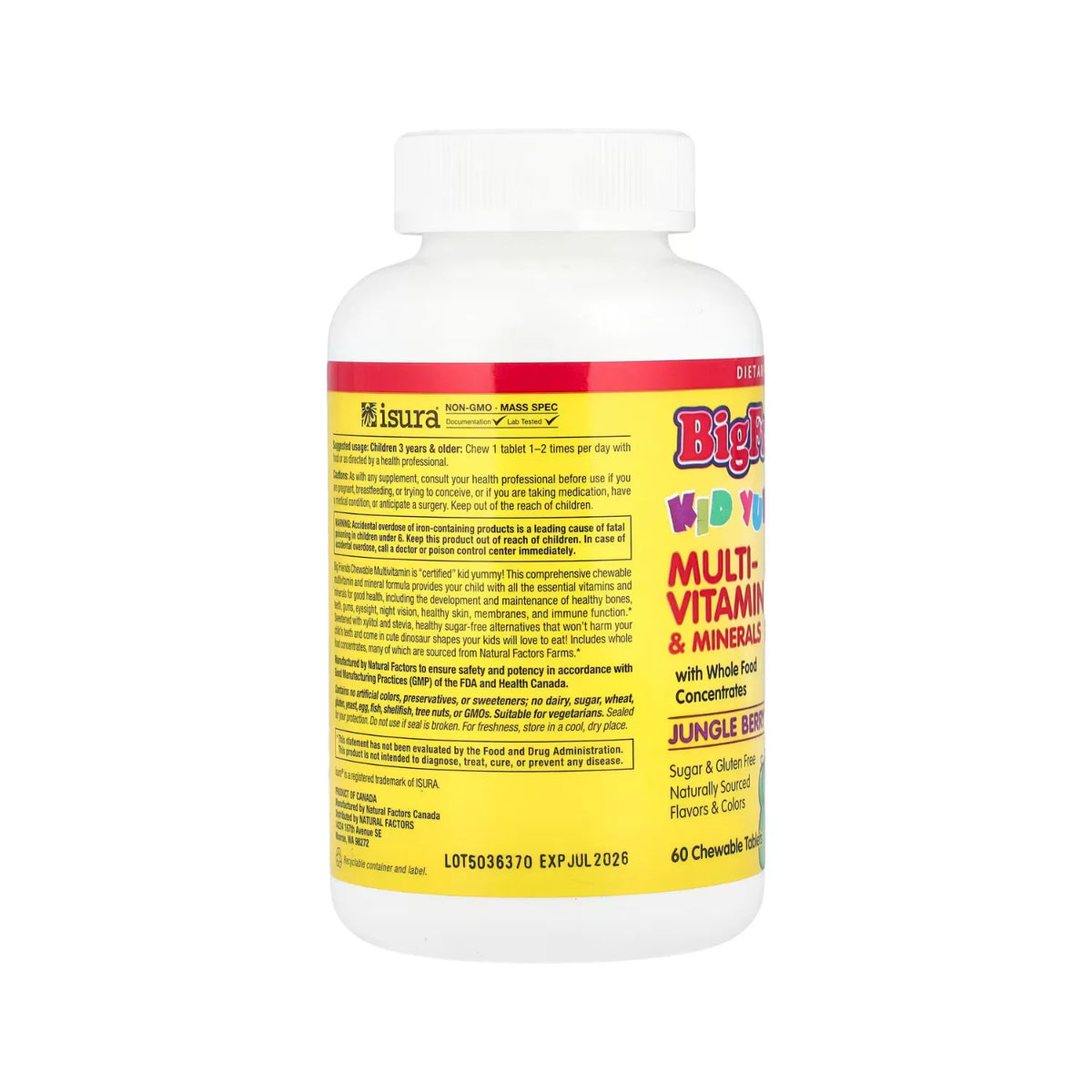 Natural Factors BigFriends Suplemento Multivitamínico y Multimineral Sabor Bayas de la Selva Con 60 Tabletas Masticables