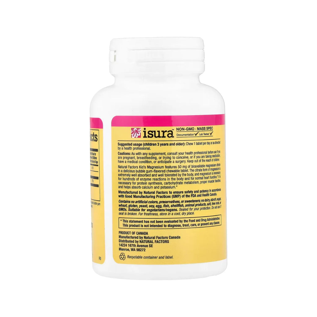 Natural Factors BigFriends Citrato de Magnesio 50 mg 60 Tabletas Masticables Sabor Chicle