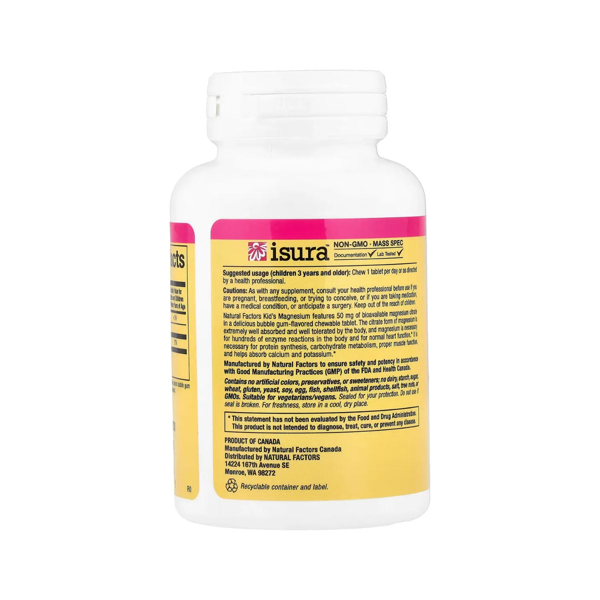 Natural Factors BigFriends Citrato de Magnesio 50 mg 60 Tabletas Masticables Sabor Chicle