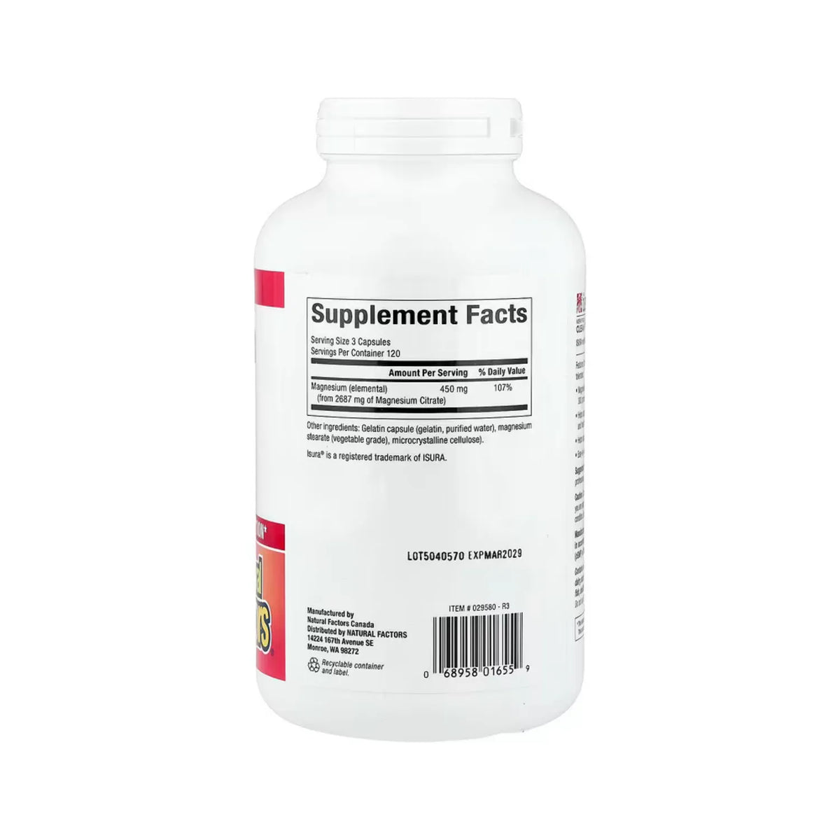 Natural factors Magnesium Citrate (450 mg por servicio) Con 360 Cápsulas