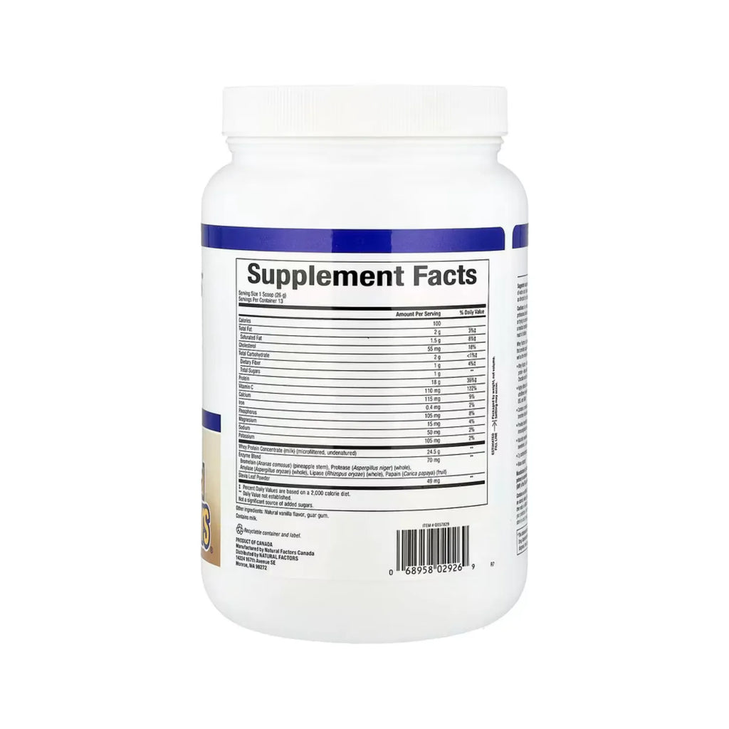 Natural Factors Whey Factors Proteína de Suero de Leche Proveniente de Animales Alimentados Con Pasturas Sabor Vainilla Francesa Natural, 340 g (12 oz)