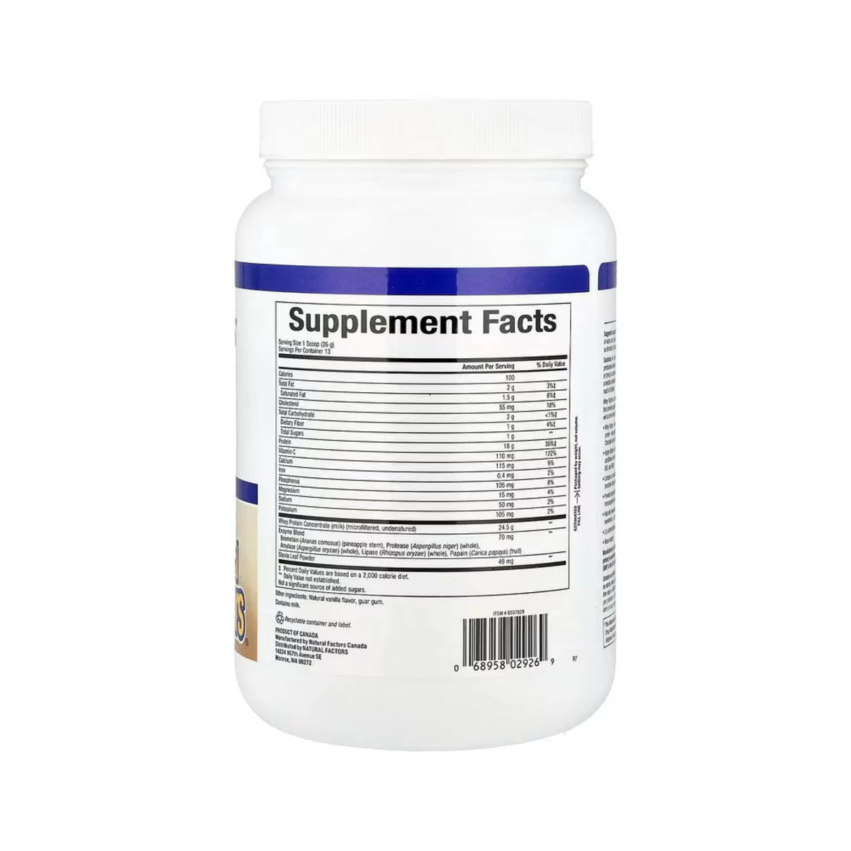 Natural Factors Whey Factors Proteína de Suero de Leche Proveniente de Animales Alimentados Con Pasturas Sabor Vainilla Francesa Natural, 340 g (12 oz)