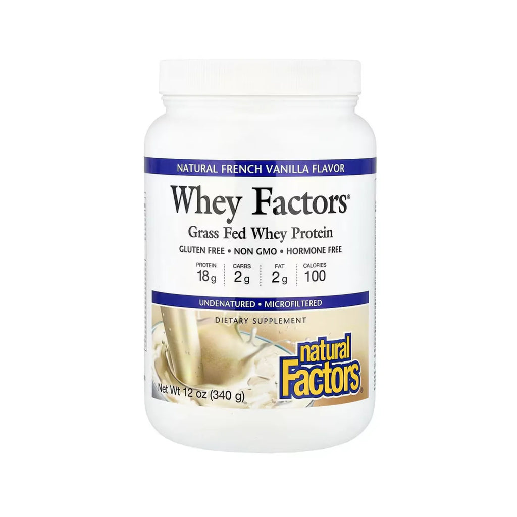 Natural Factors Whey Factors Proteína de Suero de Leche Proveniente de Animales Alimentados Con Pasturas Sabor Vainilla Francesa Natural, 340 g (12 oz)