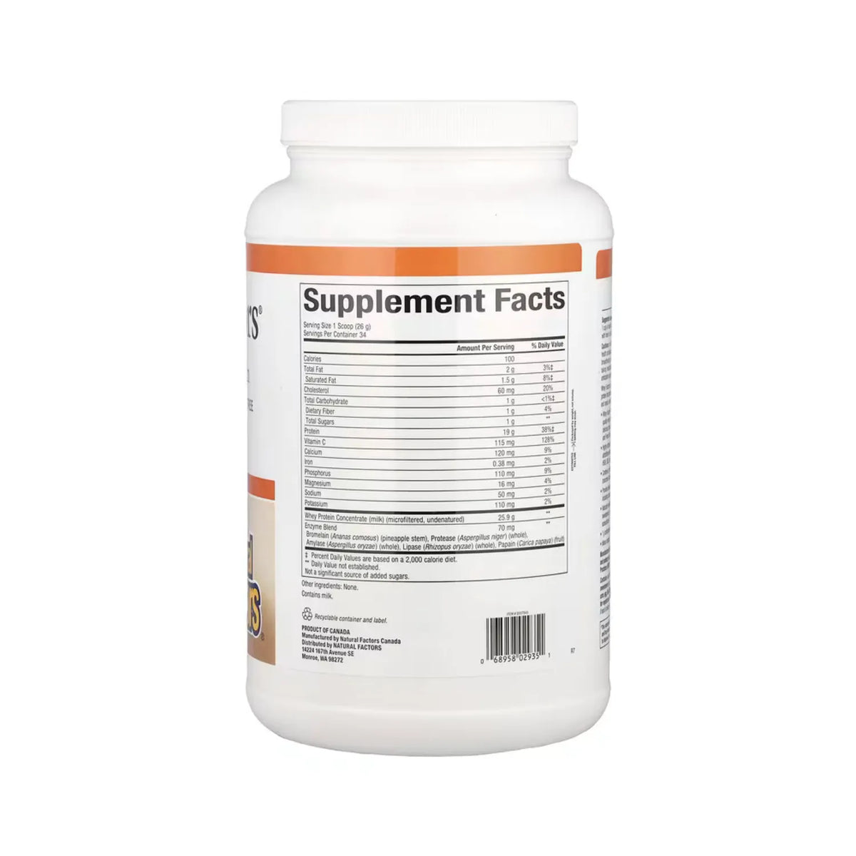 Natural Factors Whey Factors Proteína de Suero de Leche Sin sabor 907 g (2 lb)