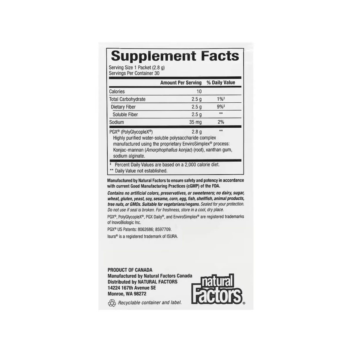 Natural Factors PGX Suplemento de Fibra de Uso Diario 30 Sobrecitos Individuales (2,8 g) Cada Uno