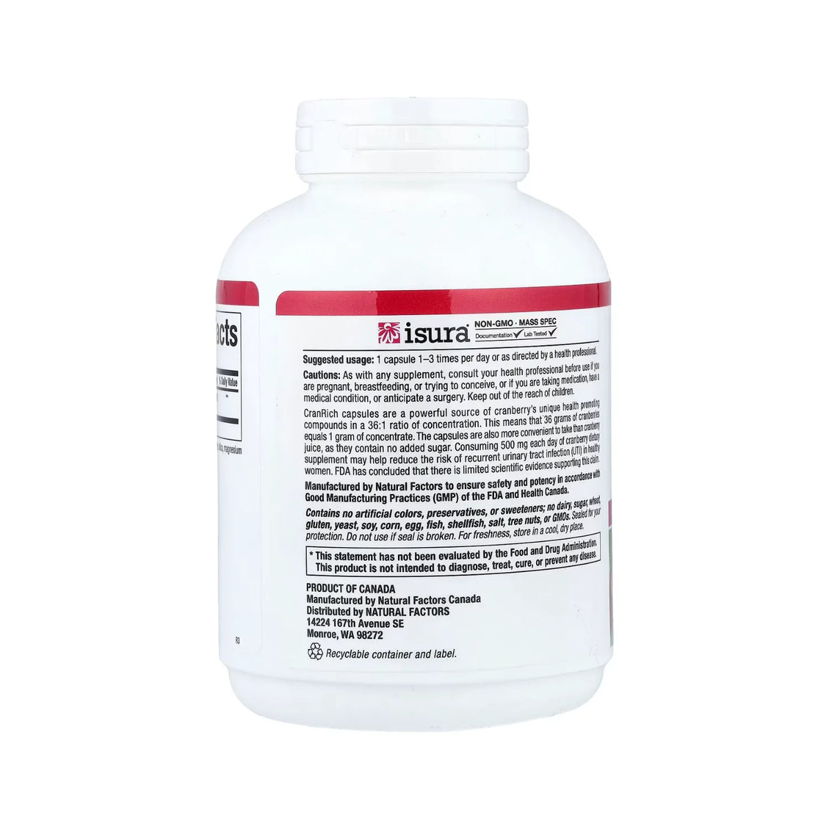 Natural Factors CranRich Concentrado de Arándano Rojo 500 mg 180 Cápsulas