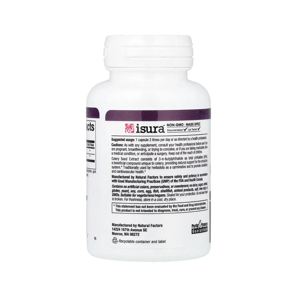 Natural Factors Celery Seed Semilla de Apio Extracto Estandarizado Con 60 Cápsulas Vegetales