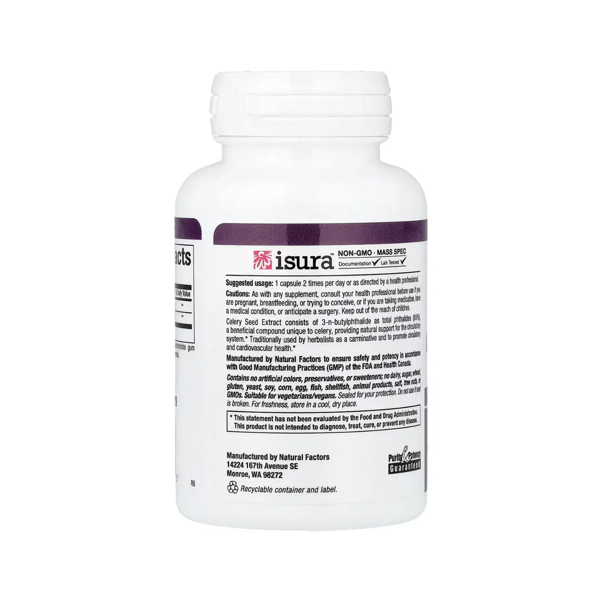 Natural Factors Celery Seed Semilla de Apio Extracto Estandarizado Con 60 Cápsulas Vegetales
