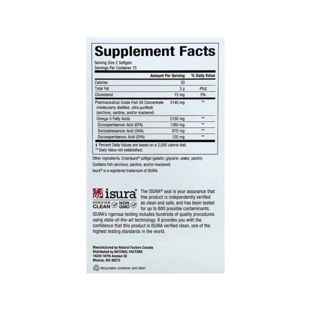 Natural factors RxOmega-3 Ultraconcentración Con 150 Cápsulas Blandas (2150 mg por servicio)