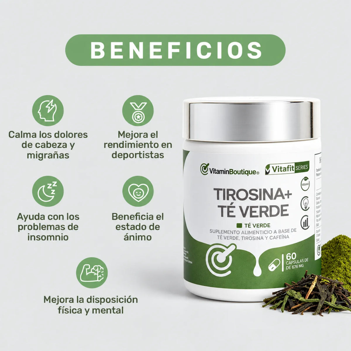 Vitamin Boutique Té Verde con Tirosina 675 mg / 60 Cápsulas | Apoyo antioxidante y bienestar general | Con extracto de té verde y L-tirosina | Fórmula práctica en cápsulas | Suplemento alimenticio