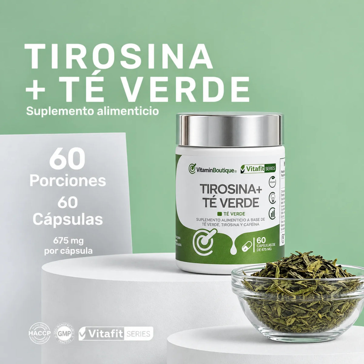 Vitamin Boutique Té Verde con Tirosina 675 mg / 60 Cápsulas | Apoyo antioxidante y bienestar general | Con extracto de té verde y L-tirosina | Fórmula práctica en cápsulas | Suplemento alimenticio