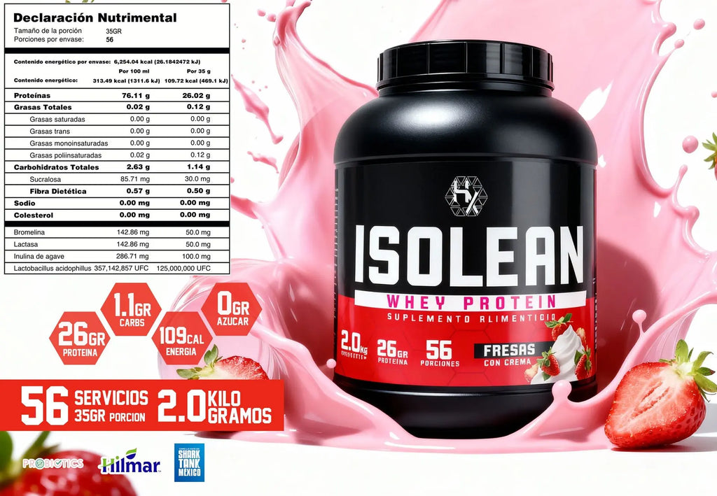 Holix Lab ISOLEAN Whey Protein, 26 g Proteína por Porción, 2 kg, 56 Porciones Sabor Fresas con Crema.