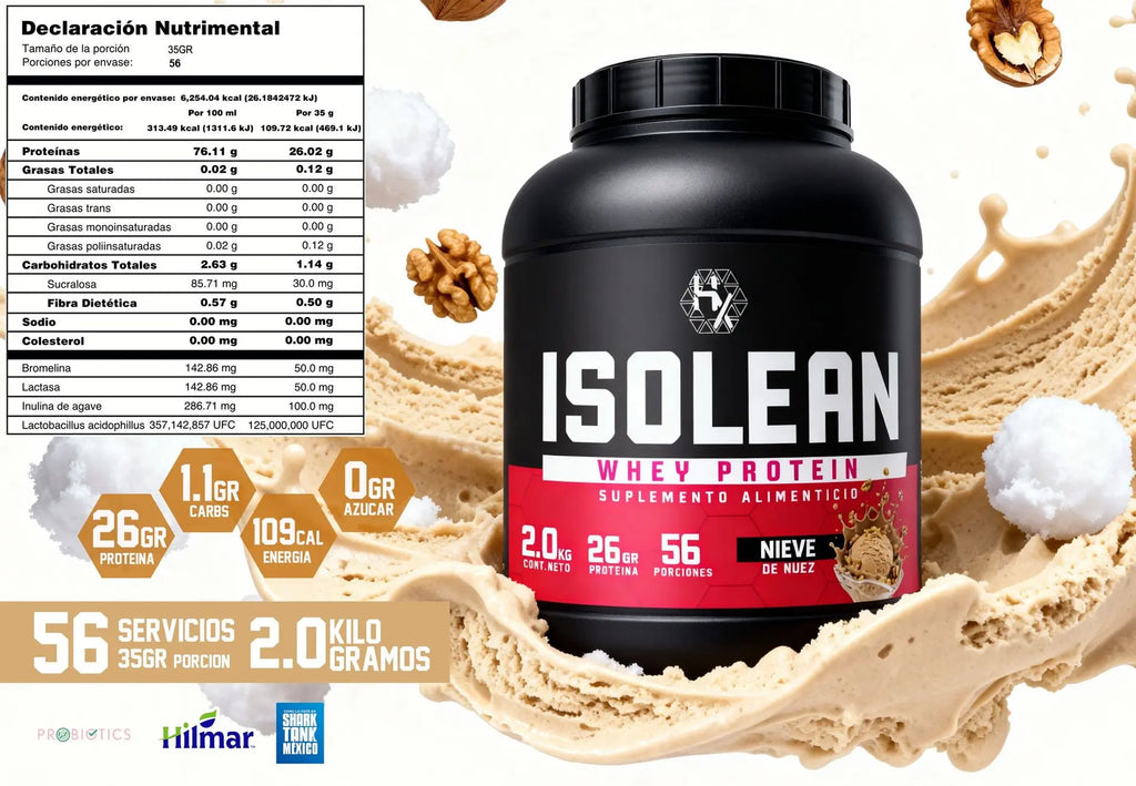 Holix Lab ISOLEAN Whey Protein, 26 g Proteína por Porción, 2 kg, 56 Porciones Sabor Nieve de Nuez.