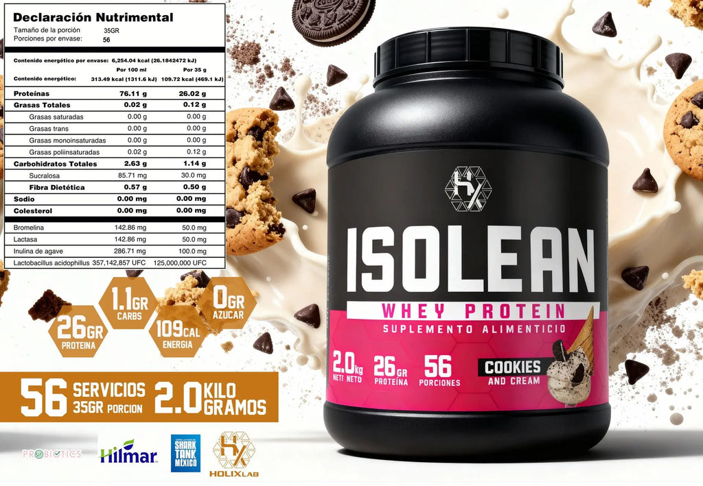 Holix Lab ISOLEAN Whey Protein, 26 g Proteína por Porción, 2 kg, 56 Porciones Sabor Cookies and Cream.