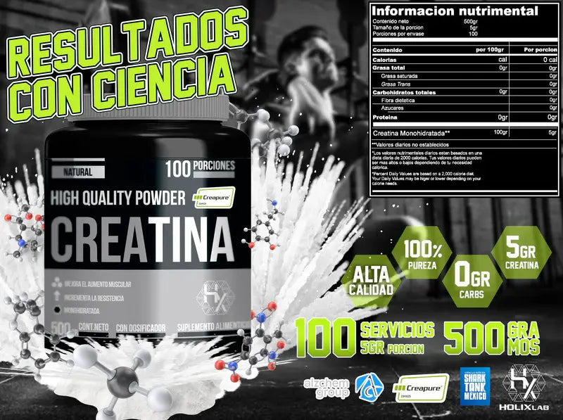HOLIX LAB - CREATINA MONOHIDRATADA - 500 GRS, RINDE HASTA 100 SERVICIOS