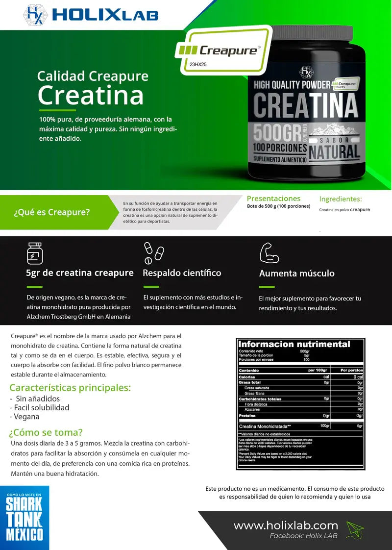 HOLIX LAB - CREATINA MONOHIDRATADA - 500 GRS, RINDE HASTA 100 SERVICIOS