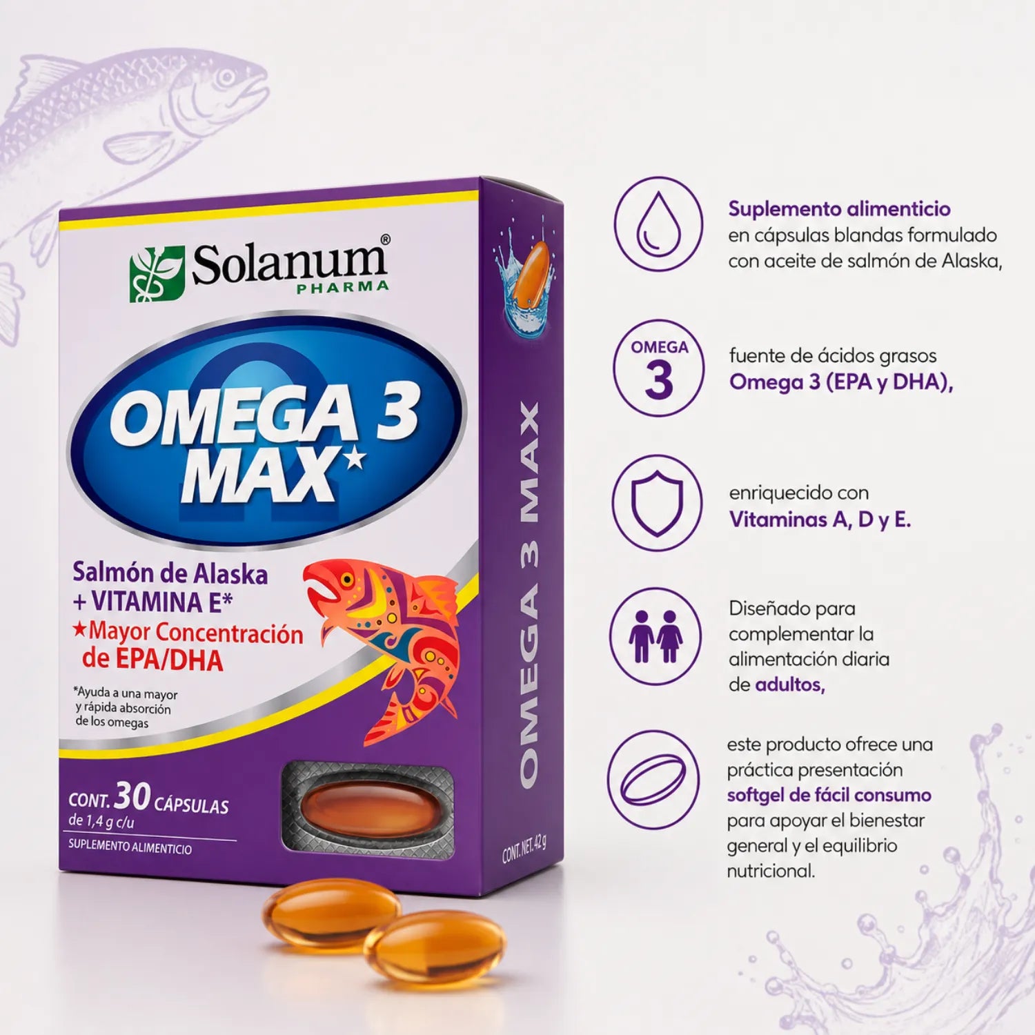 SOLANUM OMEGA 3 SALMÓN DE ALASKA + VITAM A, D, E, 30CAPS SFN