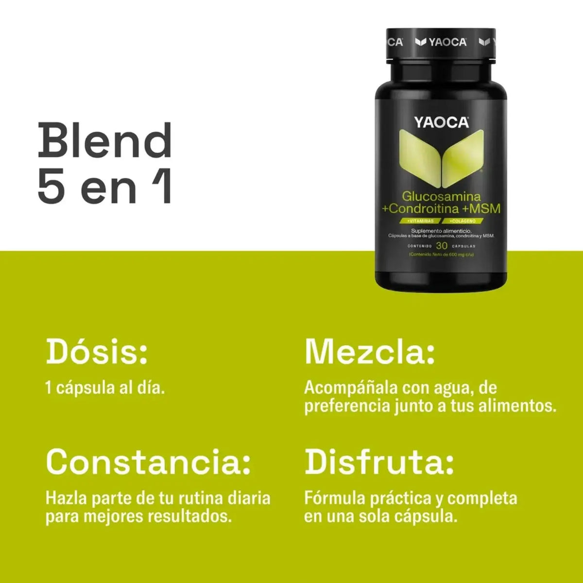 Yaoca Glucosamina + Condroitina + MSM Con Vitaminas Y Colágeno 30 Cápsulas