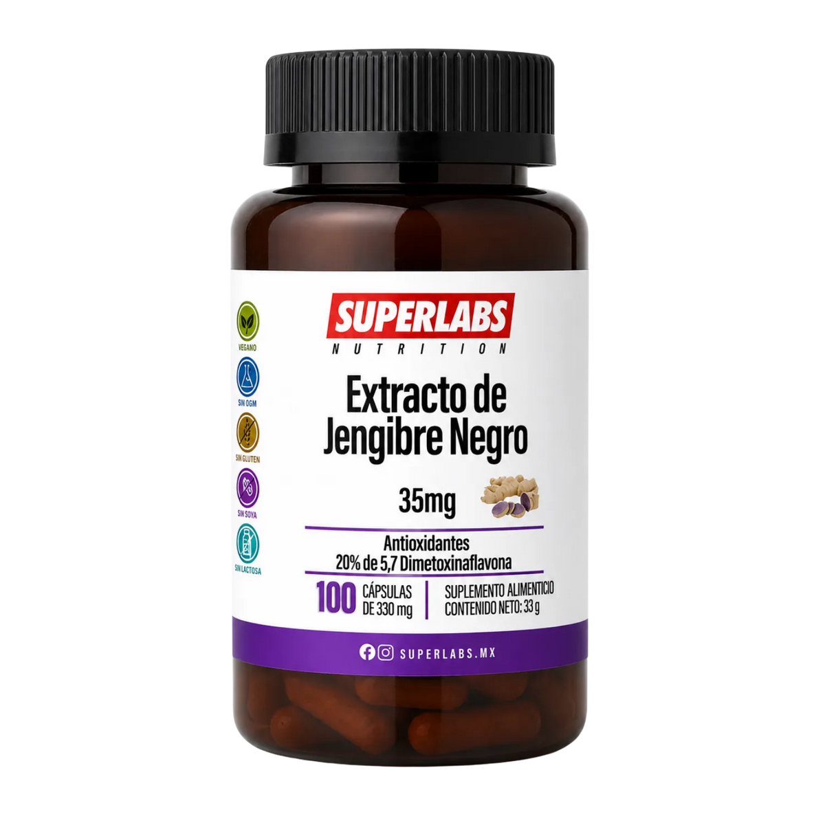 Jengibre Negro 35 mg Superlabs Nutrition | Energía y rendimiento físico | Apoya la circulación | 100 cápsulas