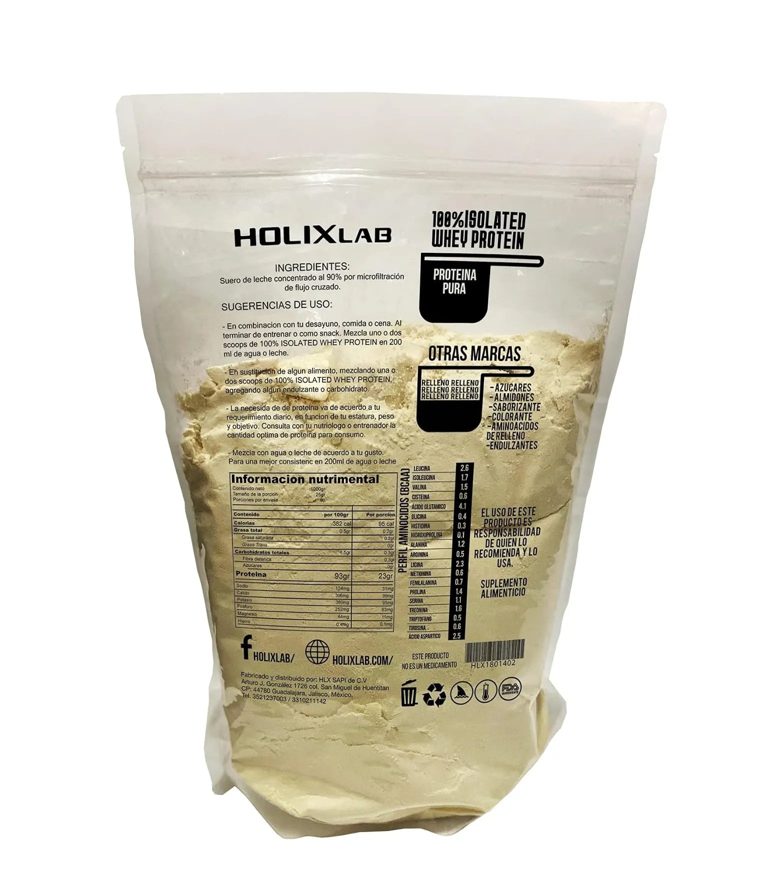 Holixlab Proteína Pura Isolated Whey Protein 90% Aislado de Suero de Leche 1Kg