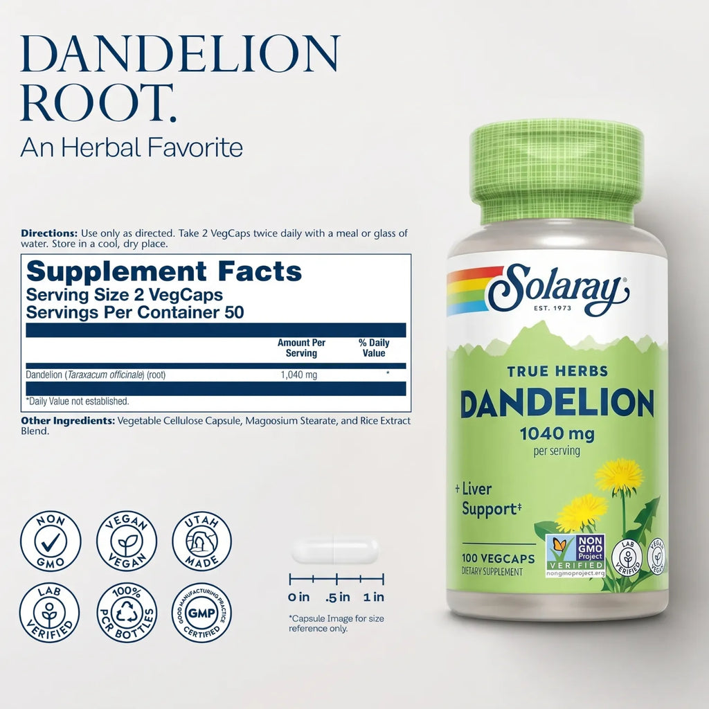 Solaray True Herbs Diente de León 520 mg / 100 Cápsulas Vegetales | Apoyo al bienestar digestivo y hepático | Raíz de diente de león de origen vegetal | 520 mg por cápsula | Suplemento alimenticio