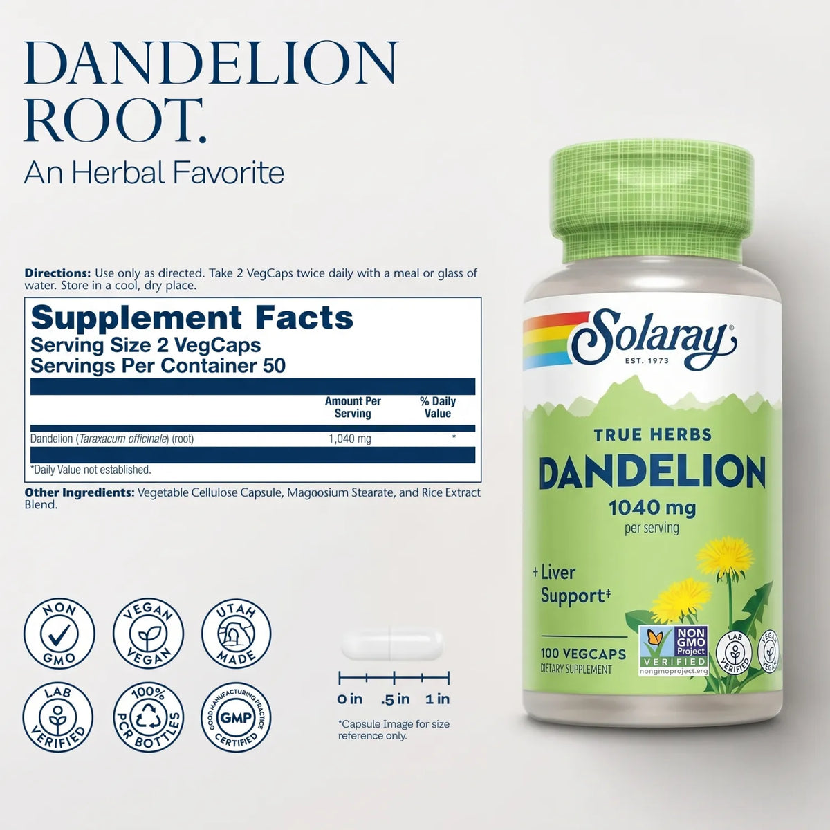 Solaray True Herbs Diente de León 520 mg / 100 Cápsulas Vegetales | Apoyo al bienestar digestivo y hepático | Raíz de diente de león de origen vegetal | 520 mg por cápsula | Suplemento alimenticio