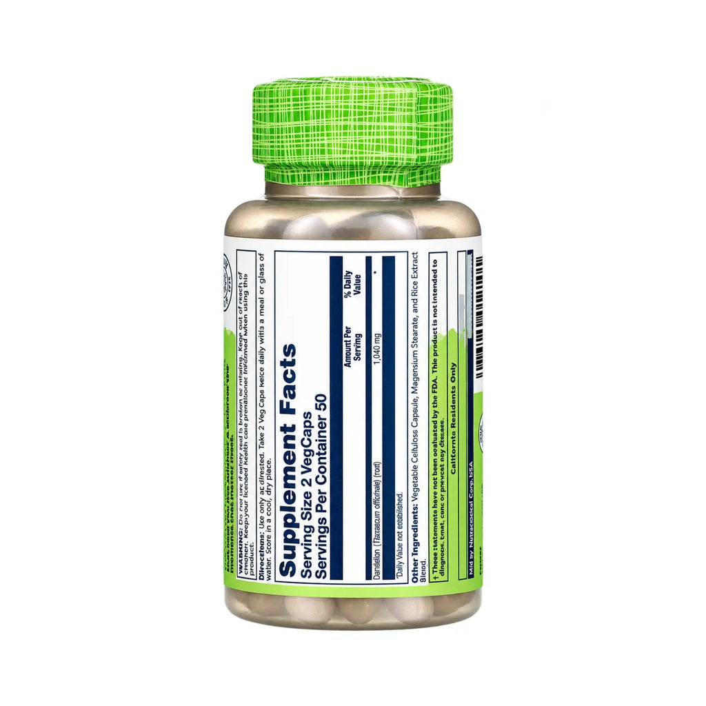 Solaray True Herbs Diente de León 520 mg / 100 Cápsulas Vegetales | Apoyo al bienestar digestivo y hepático | Raíz de diente de león de origen vegetal | 520 mg por cápsula | Suplemento alimenticio