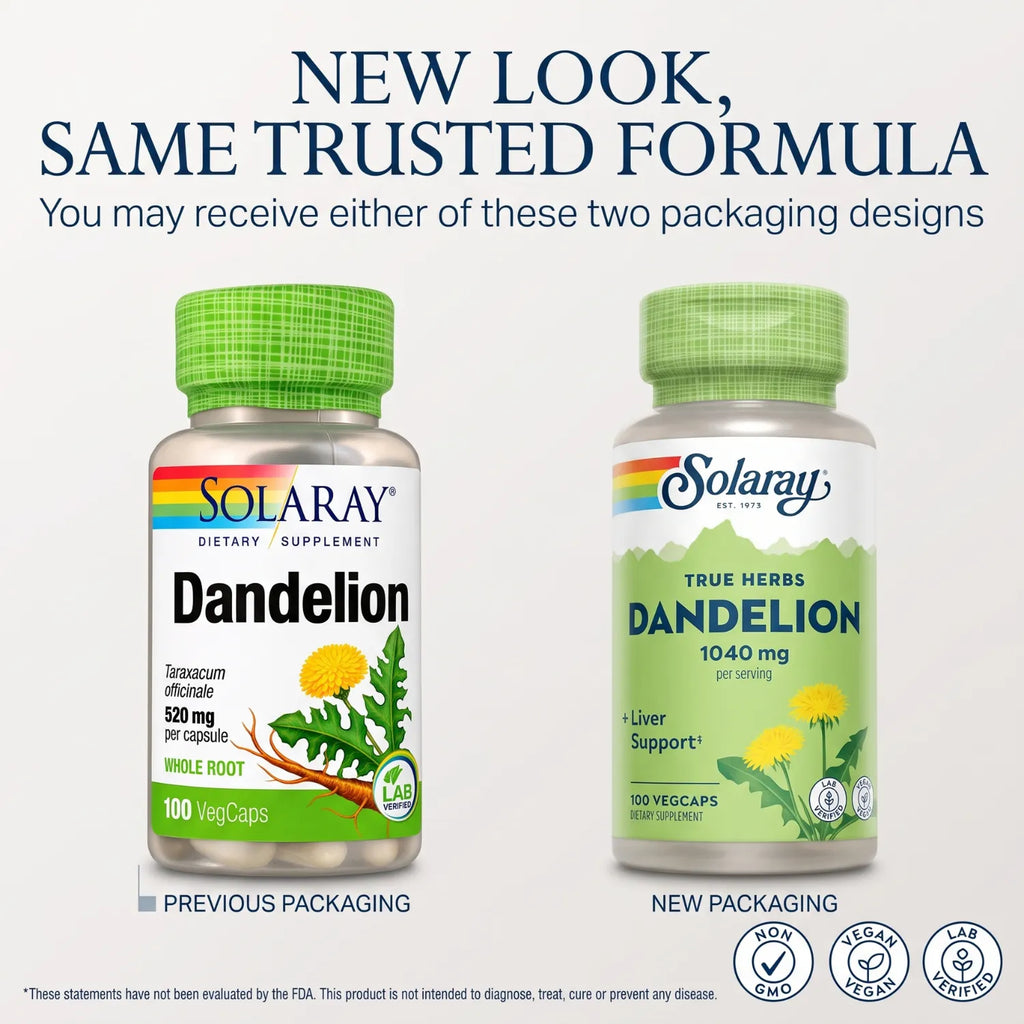 Solaray True Herbs Diente de León 520 mg / 100 Cápsulas Vegetales | Apoyo al bienestar digestivo y hepático | Raíz de diente de león de origen vegetal | 520 mg por cápsula | Suplemento alimenticio
