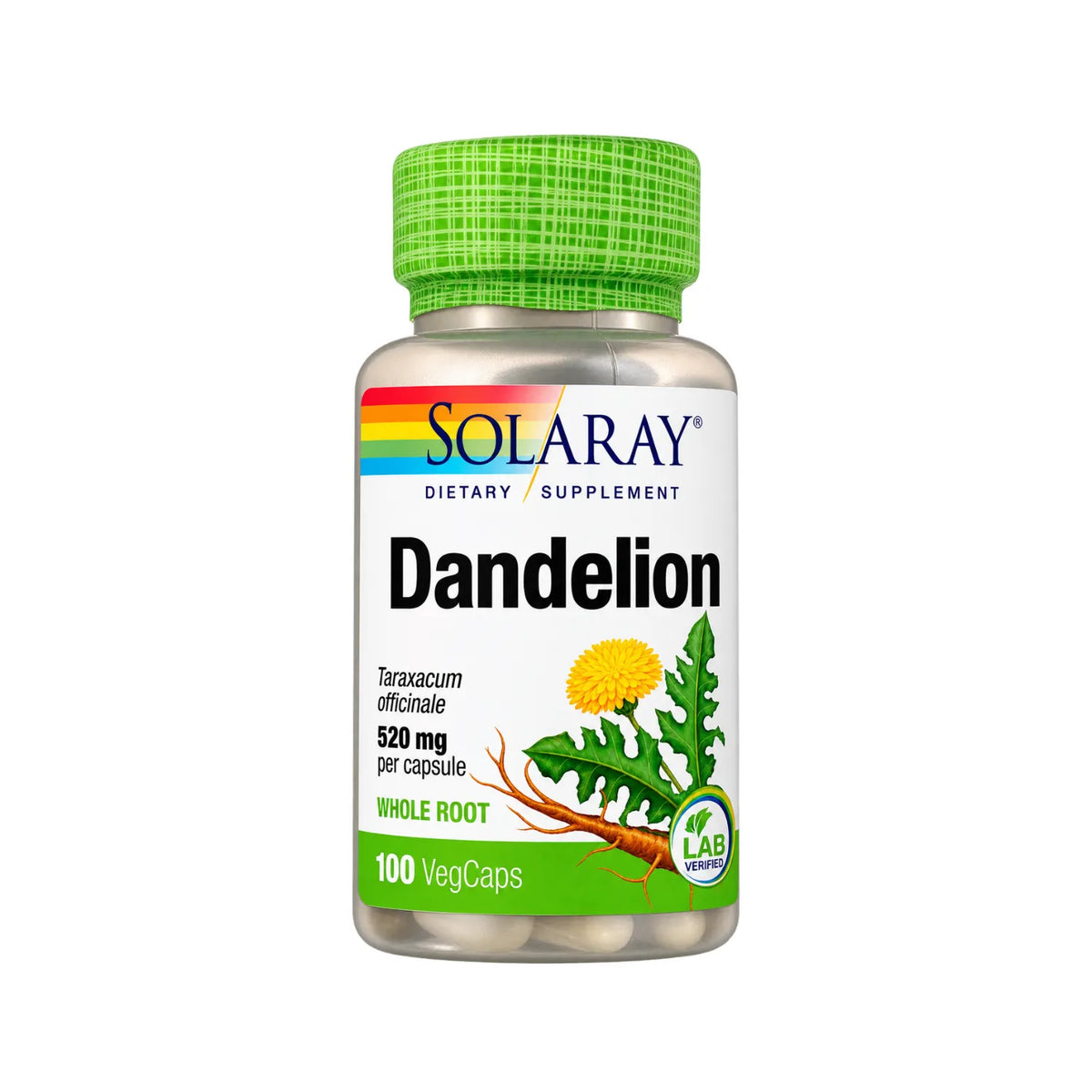 Solaray True Herbs Diente de León 520 mg / 100 Cápsulas Vegetales | Apoyo al bienestar digestivo y hepático | Raíz de diente de león de origen vegetal | 520 mg por cápsula | Suplemento alimenticio