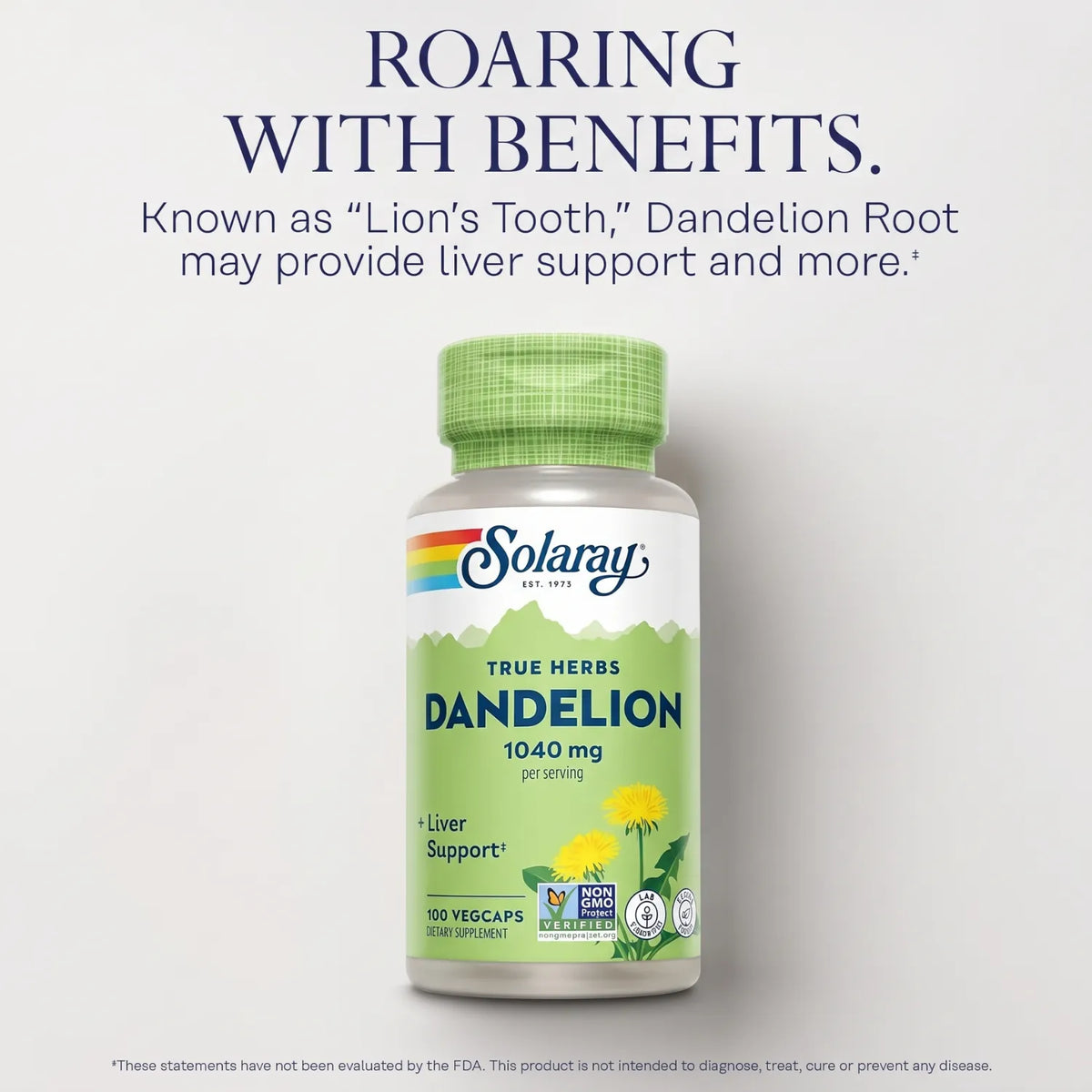 Solaray True Herbs Diente de León 520 mg / 100 Cápsulas Vegetales | Apoyo al bienestar digestivo y hepático | Raíz de diente de león de origen vegetal | 520 mg por cápsula | Suplemento alimenticio