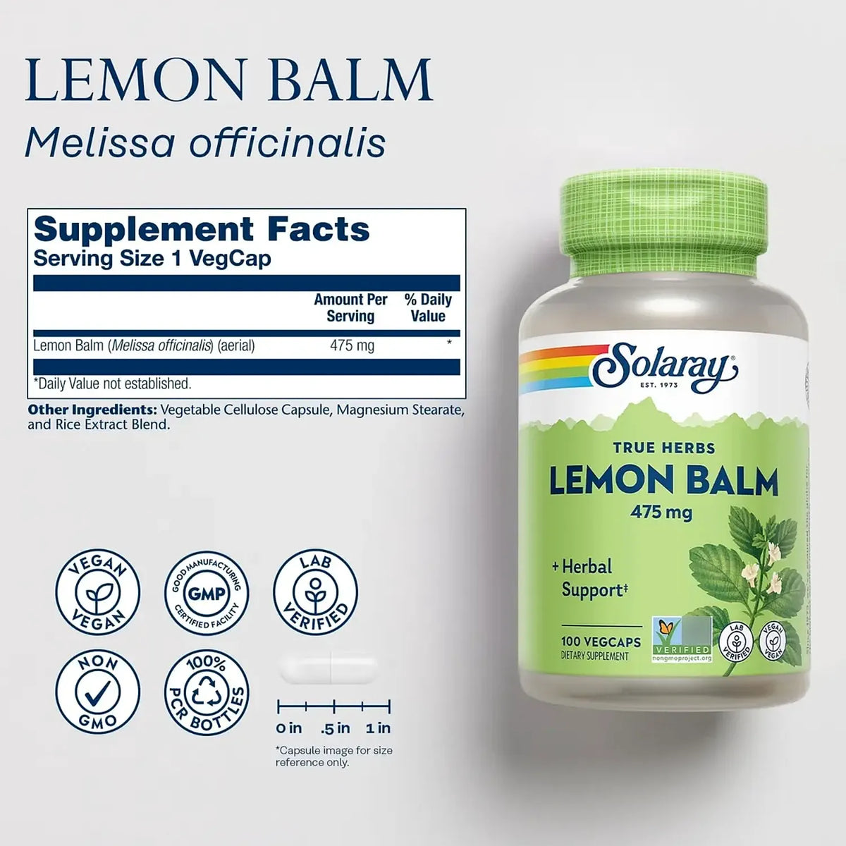 Solaray Diente de León 475 mg 100 Cápsulas Vegetales | Apoyo herbal para relajación y bienestar | Con Melissa officinalis de hoja y partes aéreas | 475 mg por cápsula | Suplemento alimenticio