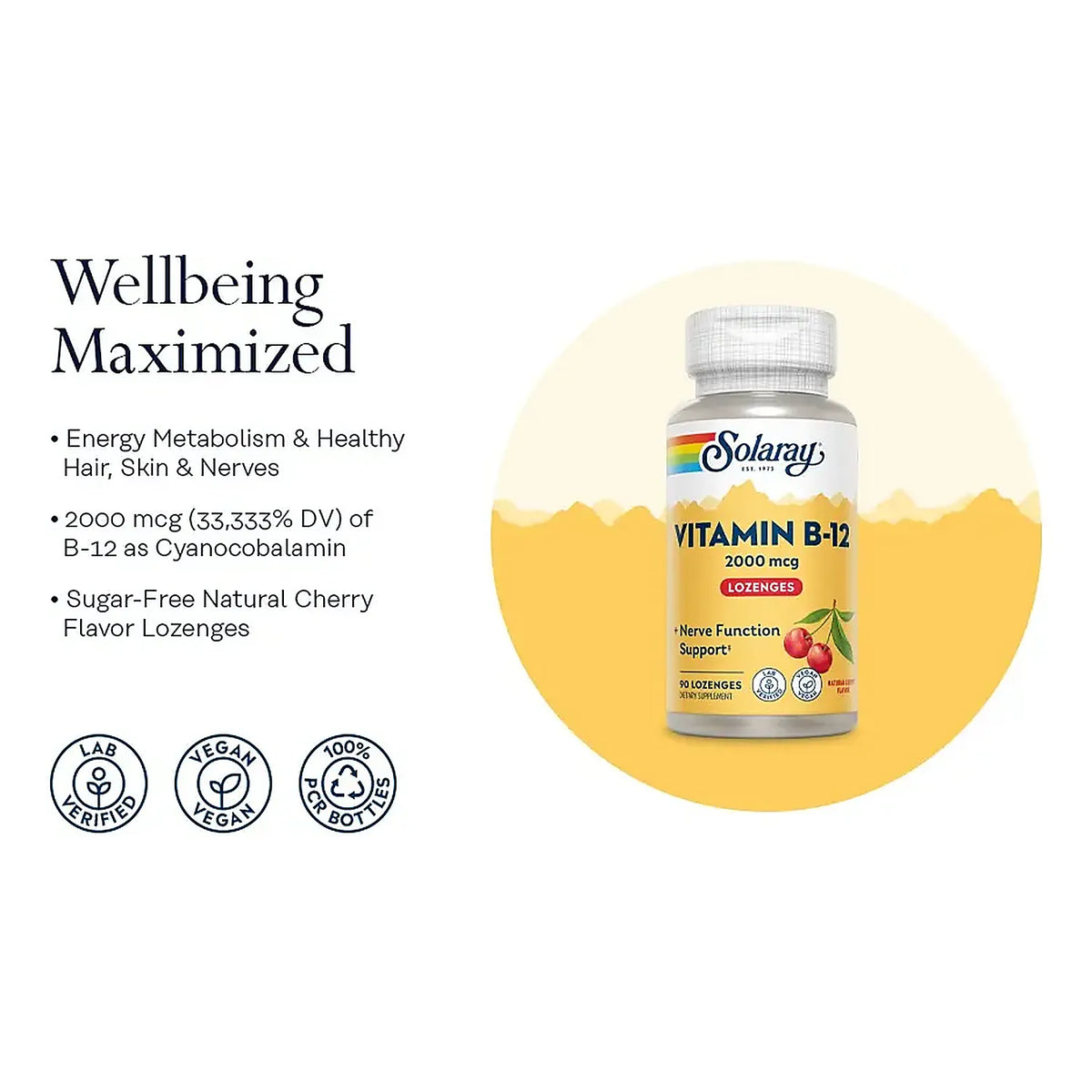 Solaray Vitamina B12 2,000 mcg Sabor Cereza Natural 90 Pastillas Sublinguales | 2,000 mcg de Vitamina B12 por Porción | Apoyo al Sistema Nervioso y Metabolismo Energético | Suplemento alimenticio